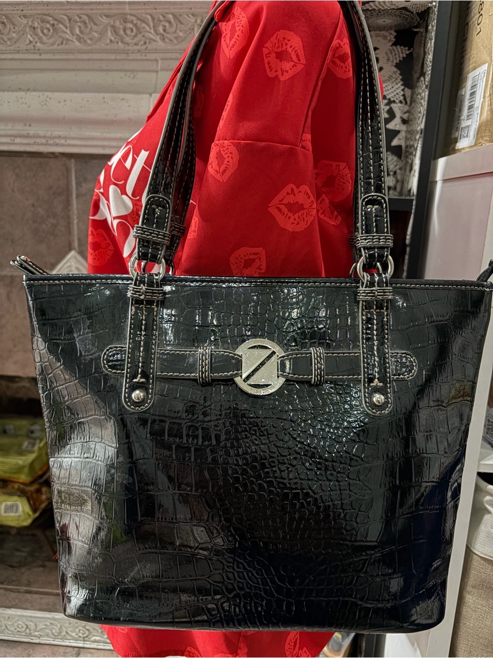 Nine & Co. Black Croc Embossed Tote Bag with Silver Hardware